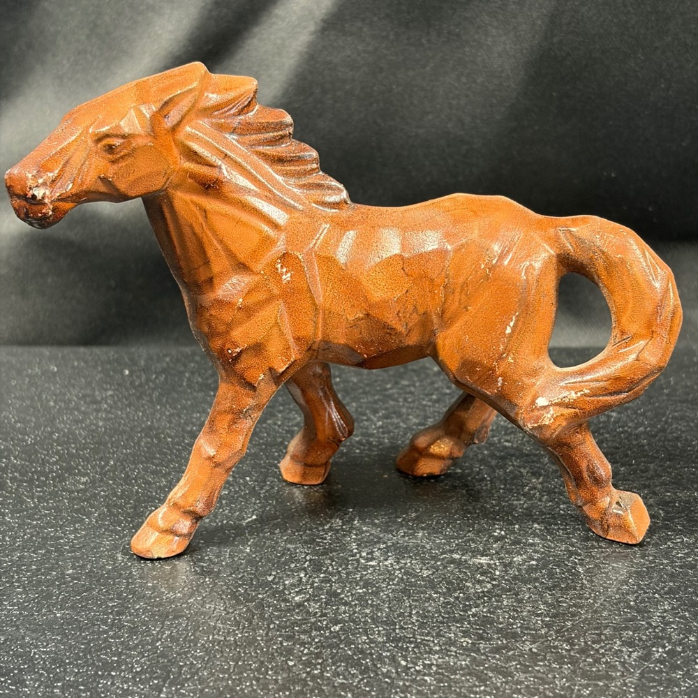 Vintage Hand Carved Style Ceramic Horse Figurine Terracotta Brown Mid Century
